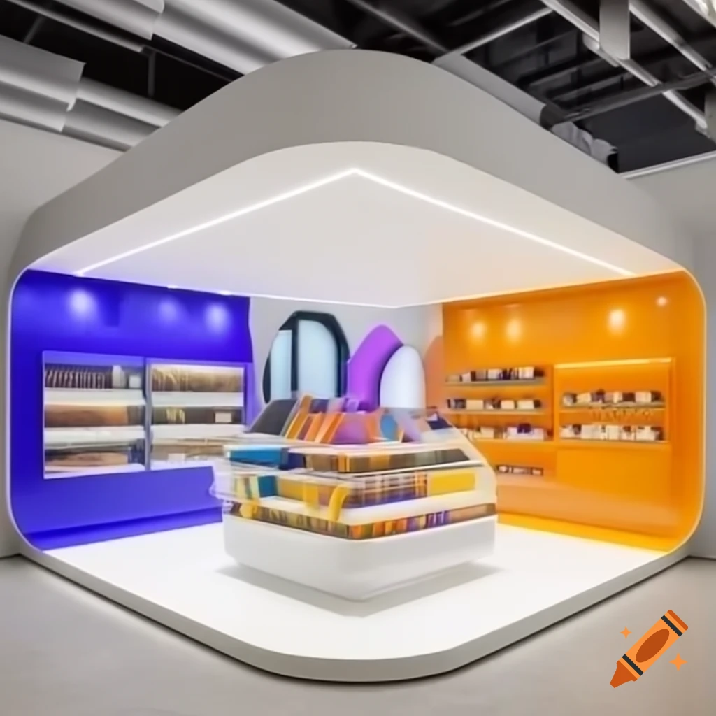 Bright futuristic shop interior with white, orange, yellow, blue, and purple colors