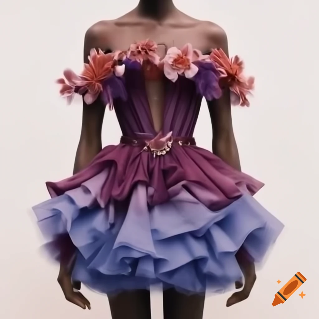 Zuhair Murad mini-dress in deep plum with floral accents, featuring bustier bodice and layered A-line skirt