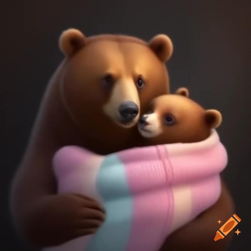 Baby bear cradled by parent bear with pastel colored blankets