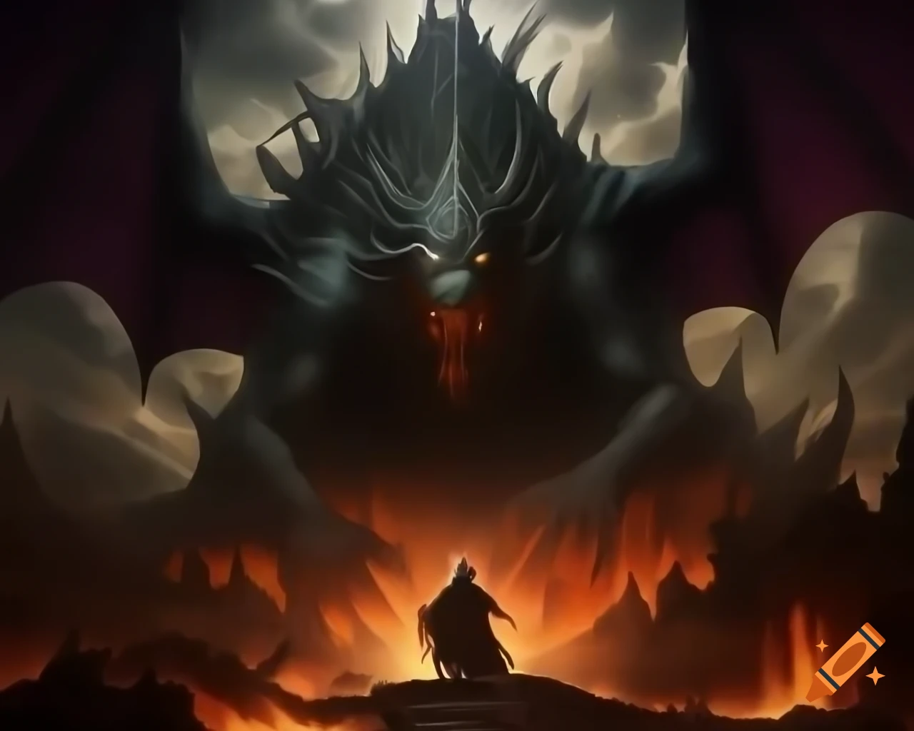 Dark fantasy illustration of wizard on mountain watching dragon destroy castle