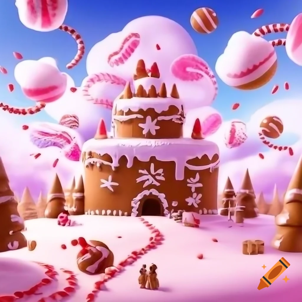 Whimsical candy land with gingerbread palace and cotton candy clouds