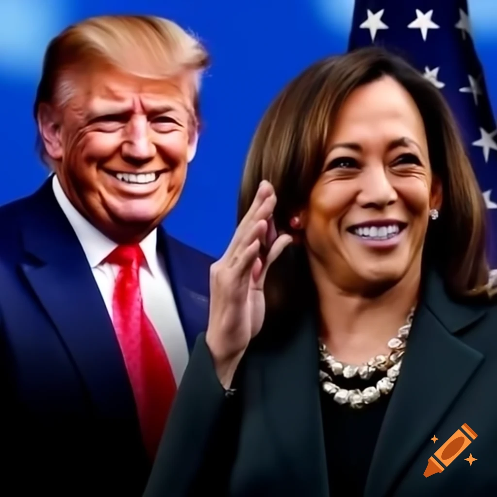 Kamala Harris and Donald Trump with USA flag background