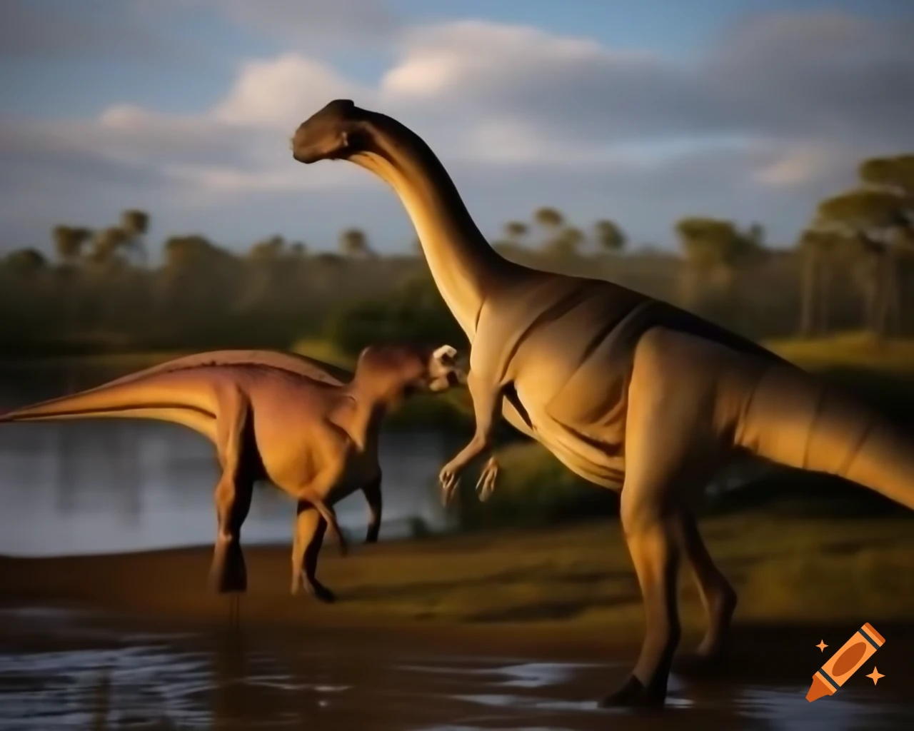 Hadrosaurus dinosaurs standing by lake bank in bushland during afternoon light