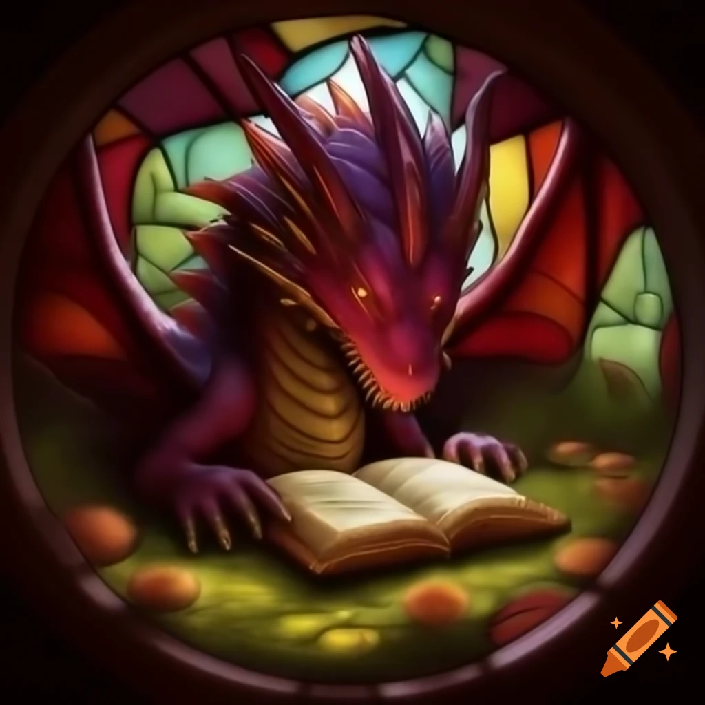 Stained glass art of inactive dragon reading in labyrinthine meadow, pointillism style