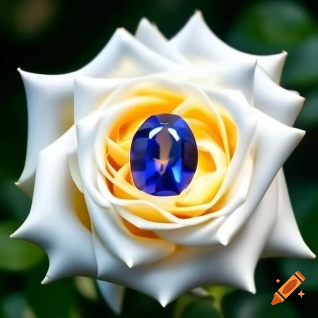 Blue sapphire inside white rose illuminated by sunlight