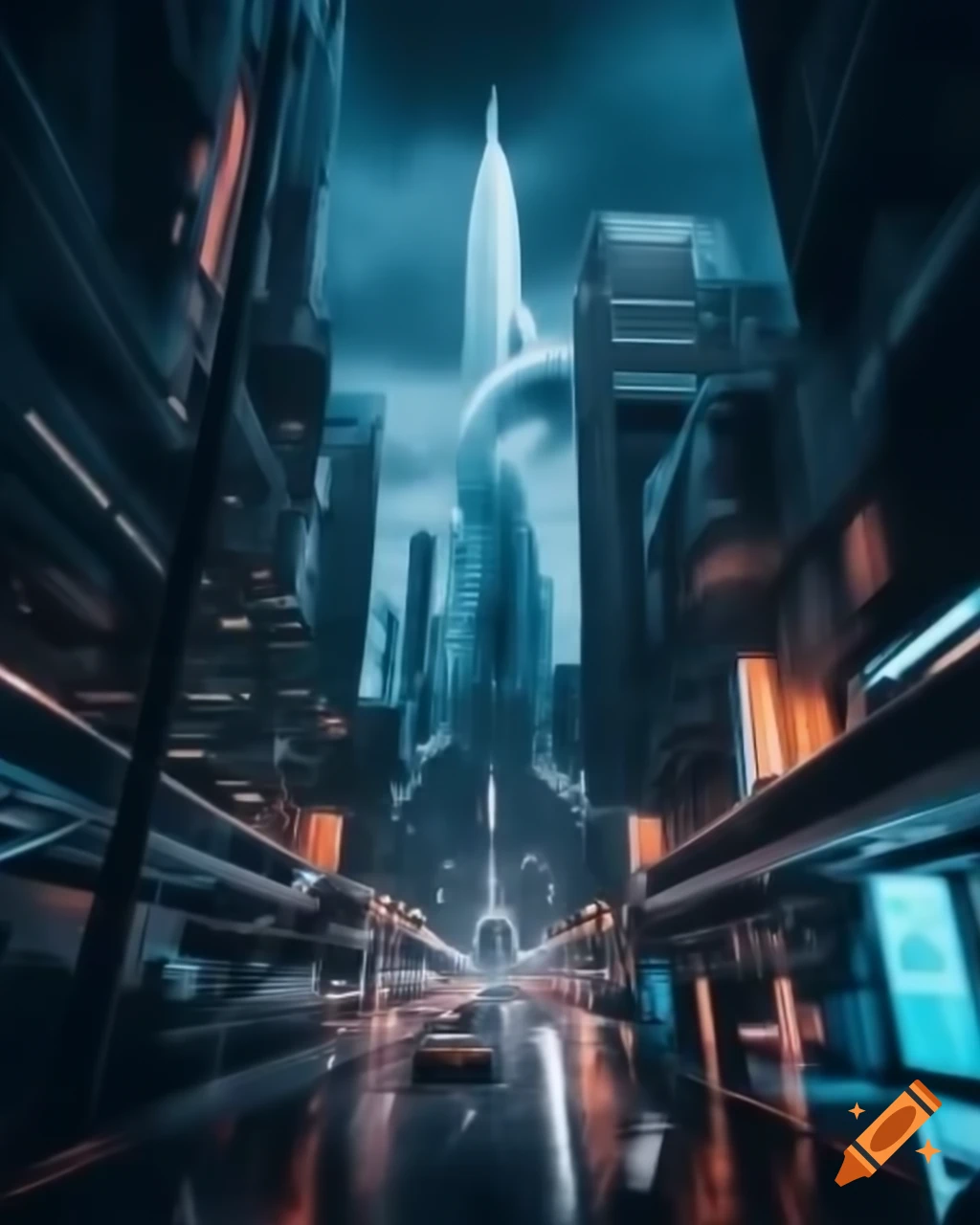 Futuristic cyberpunk cityscape with towering skyscrapers of concrete and steel