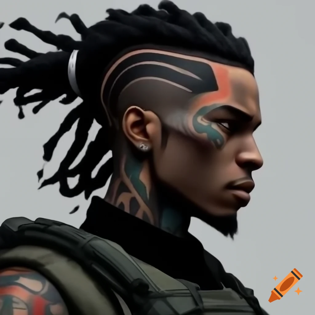 Black male with dreadlock mohawk and military tattoos facing the camera