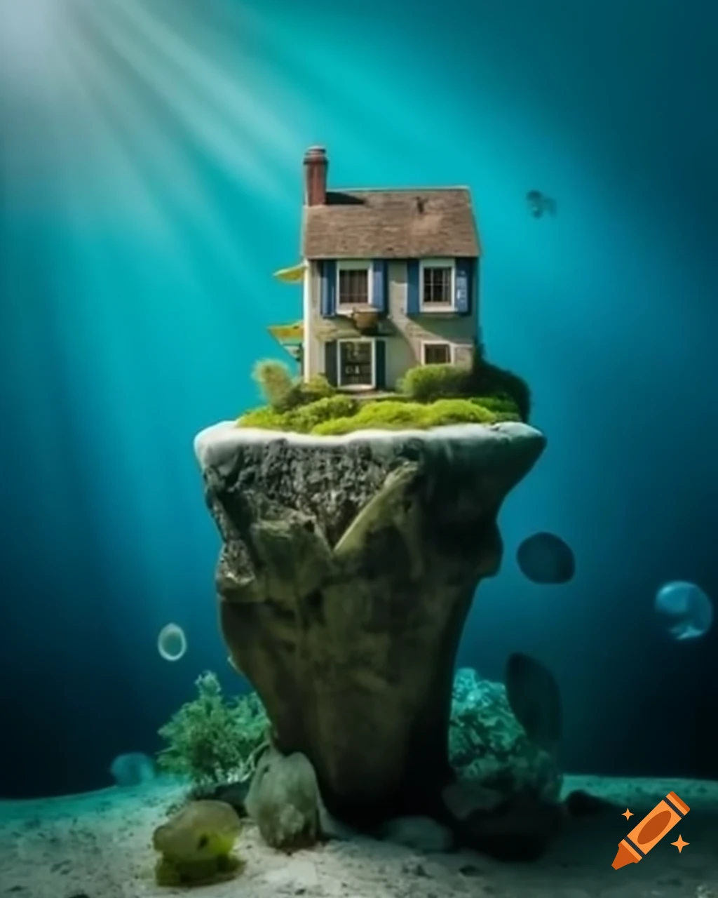 Miniature mossy house on rock underwater surrounded by corals and bubbles, diorama style