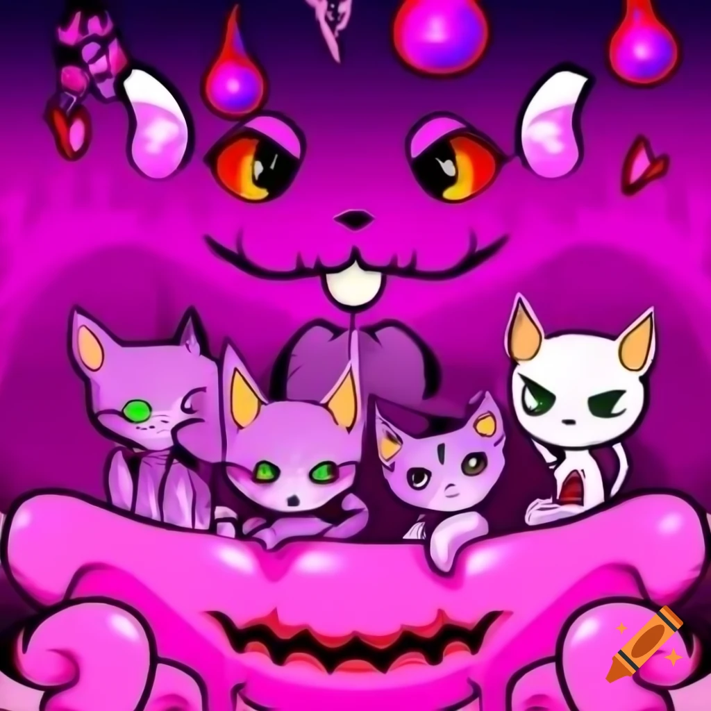 Cute Devil Horned Kittens In Colorful Hell Scenery Anime Cartoon Style cute-devil-horned-kittens-in-colorful-hell-scenery-anime-cartoon-style