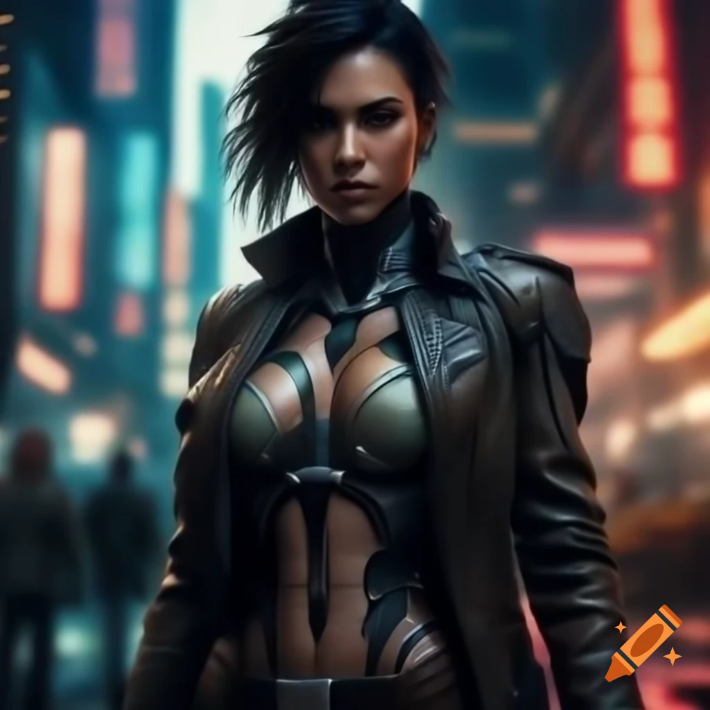 Female cyborg detective in leather trench coat with neon-lit cityscape