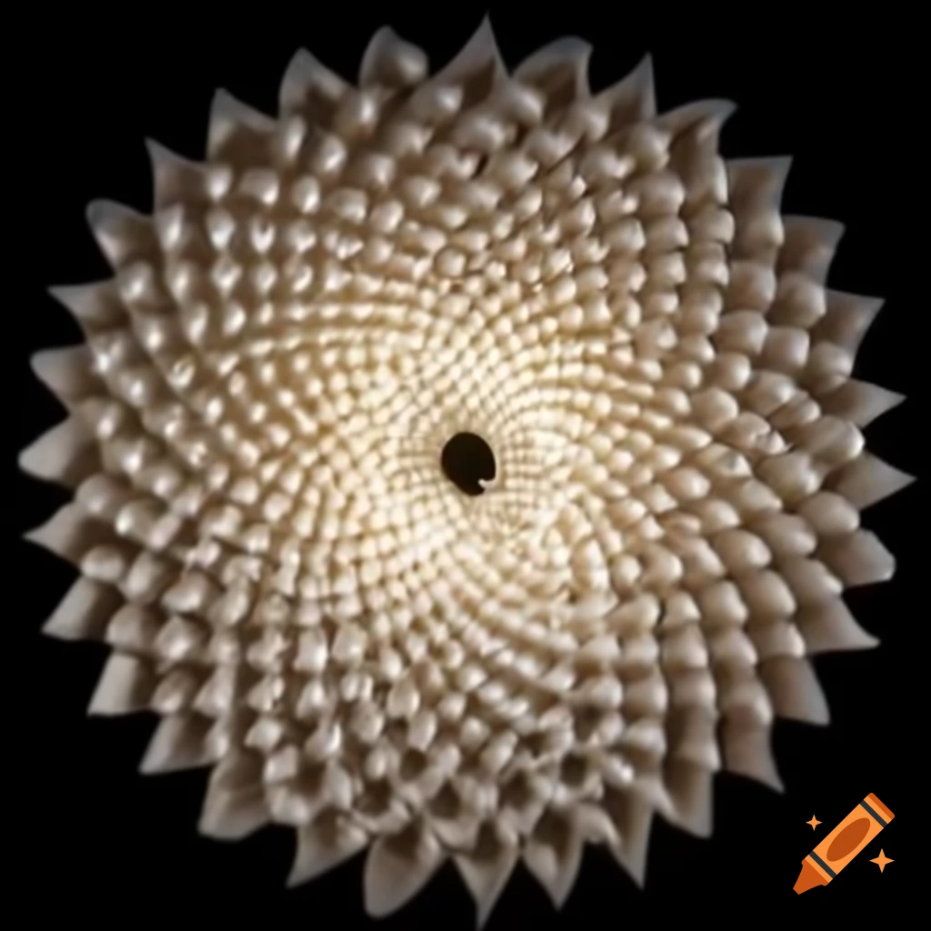 3D interior design render featuring sculptural vortex with floral shapes and glowing wall art