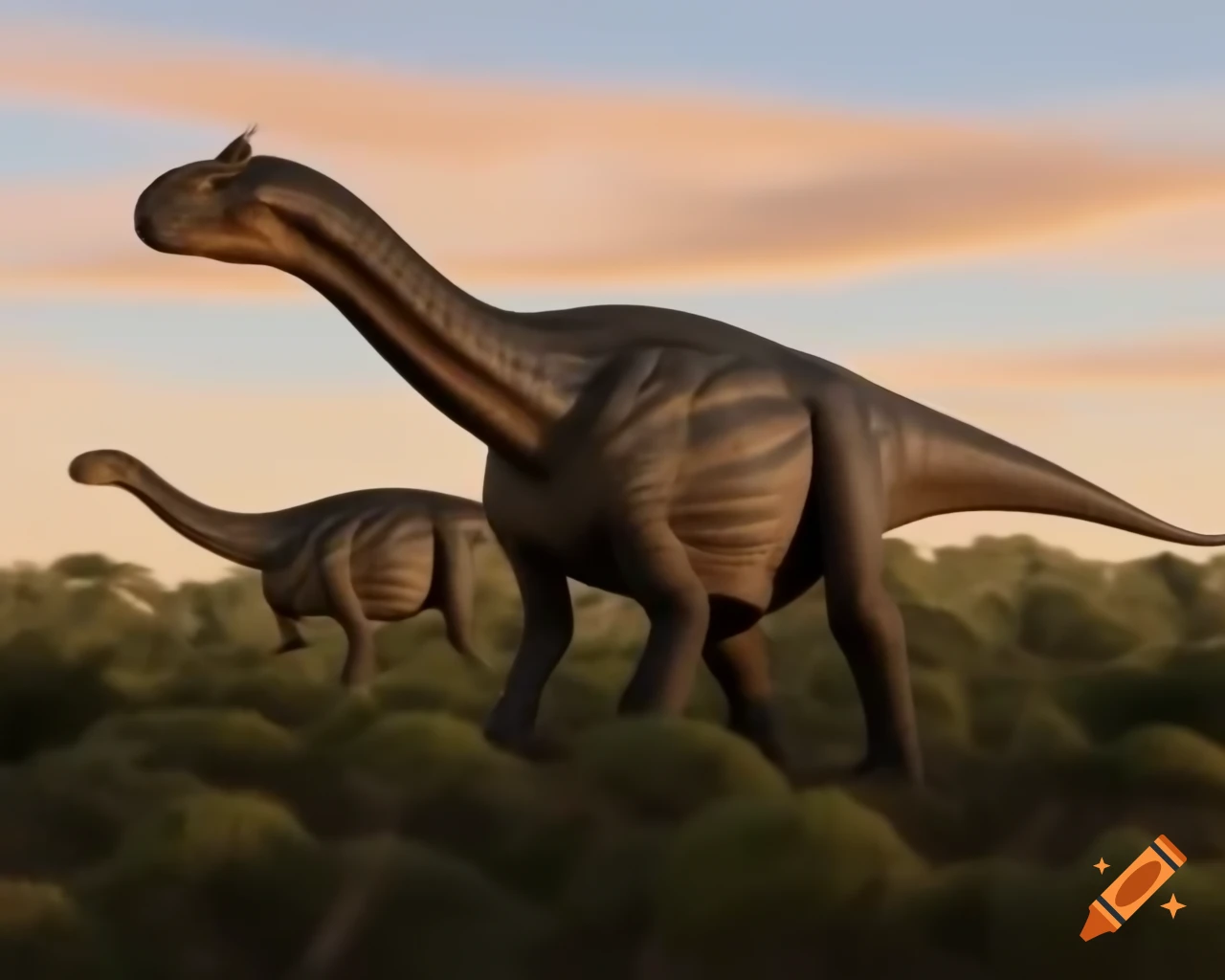 Hadrosaurus dinosaurs in plain with shrubs during golden hour