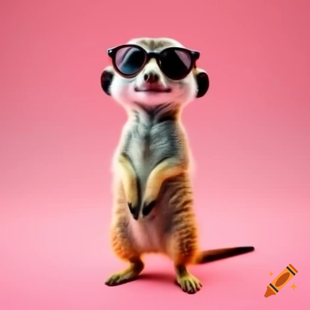 Meerkat in sunglasses standing on hind legs with pink background
