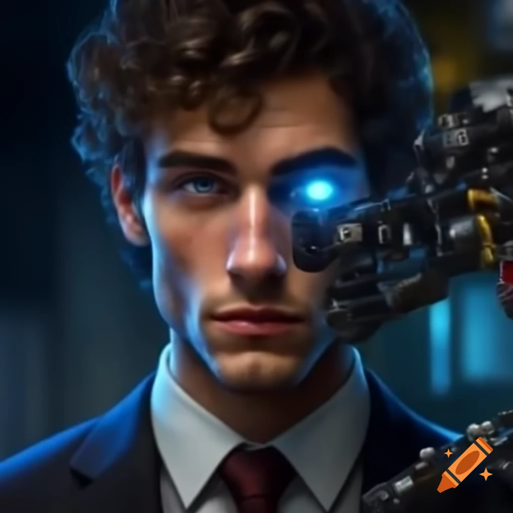 Handsome man with curly hair and electric blue eyes, half robot, wearing a suit