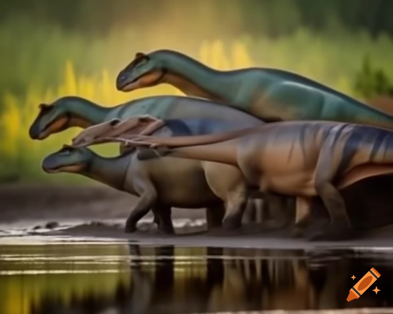 Hadrosaurus dinosaurs on muddy lake bank in British Columbia, warm afternoon light