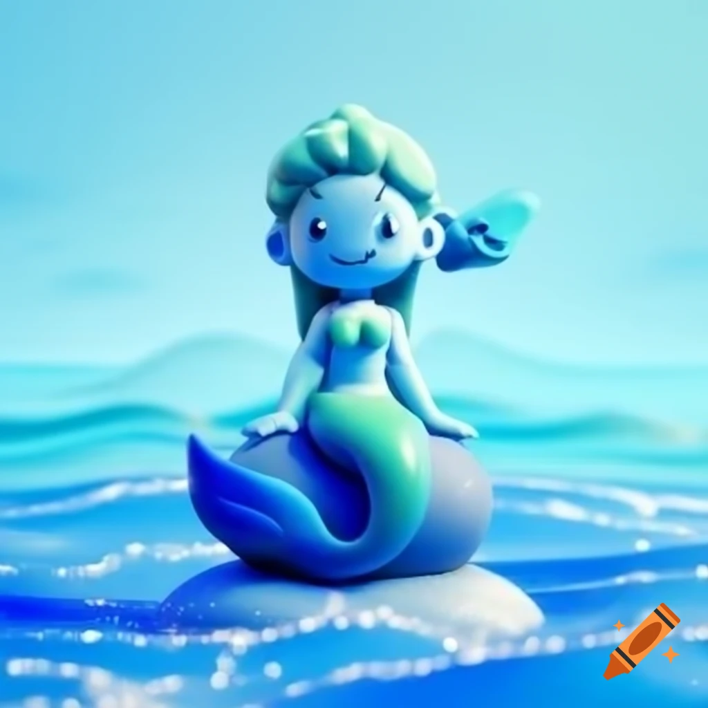 Cartoon seaside statue of a mermaid in 3D render