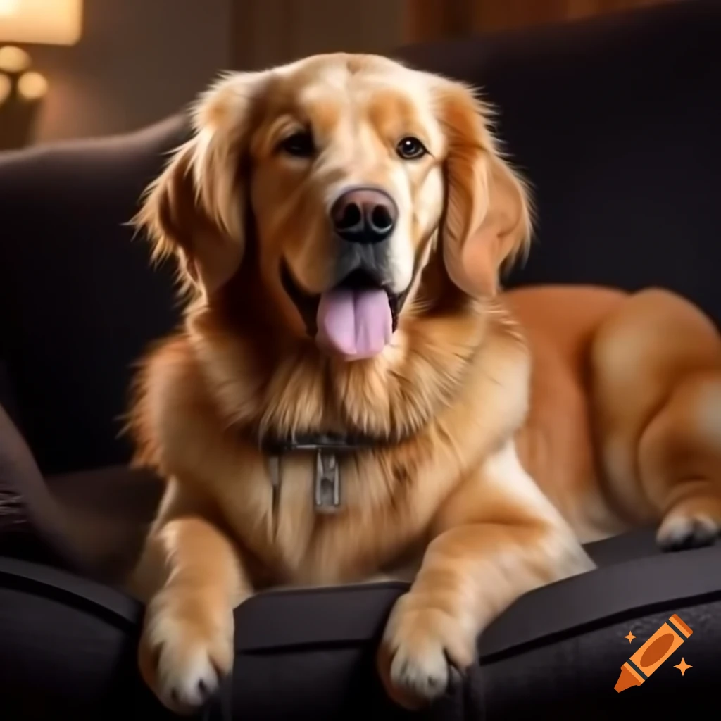 Golden retriever resting beside beige couch with diamond collar