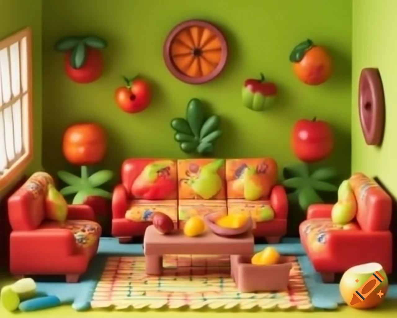 Miniature living room creatively designed with fruit textures and patterns