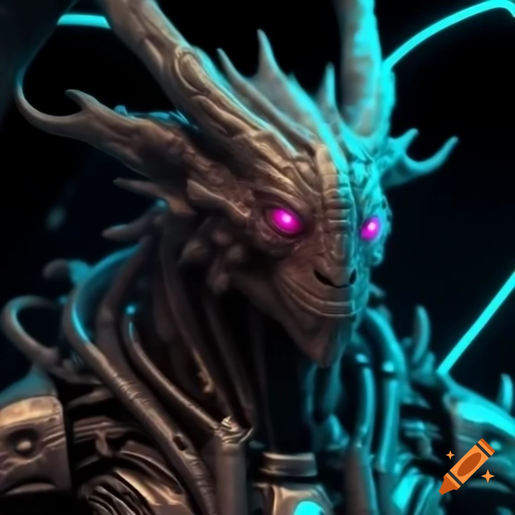 Cyberpunk mythical creature featuring neon lighting and holographic technology