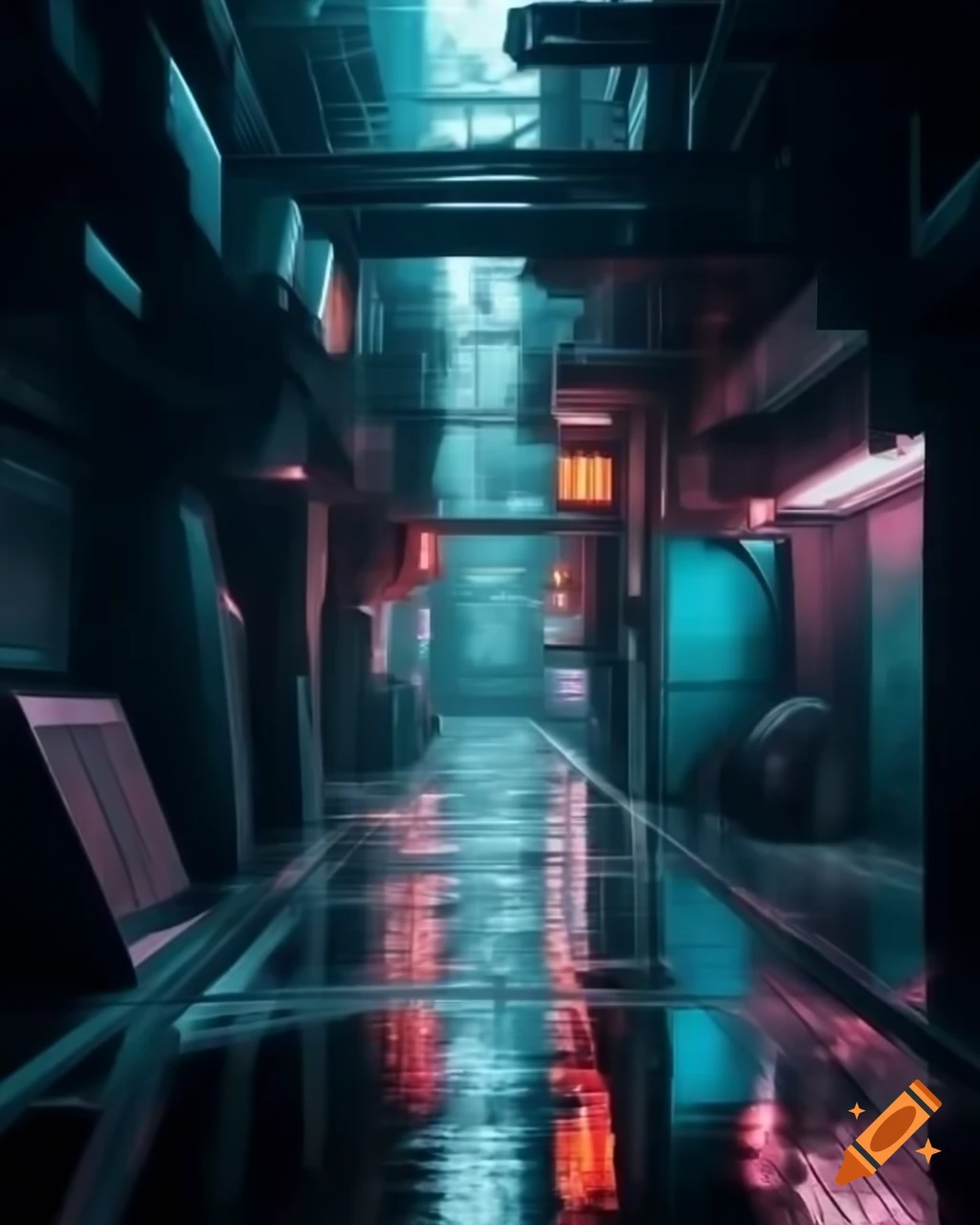 Cyberpunk alleyway with neon lights reflecting on wet surfaces