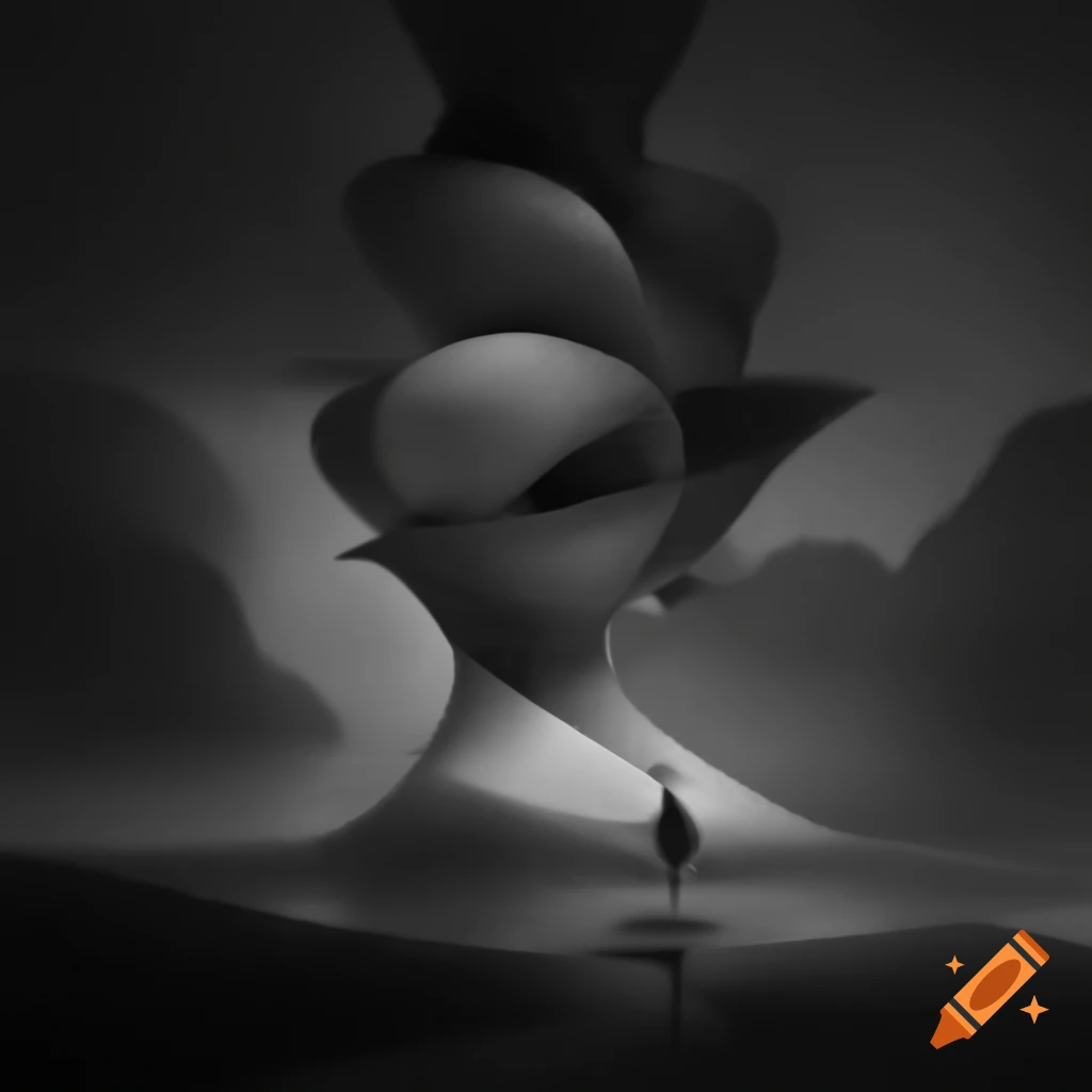 Surrealist monochrome artwork featuring abstract elements