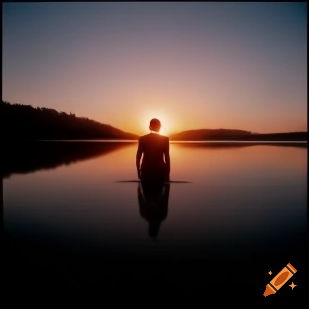Human with head on fire against sunset reflected in lake, Wes Anderson style