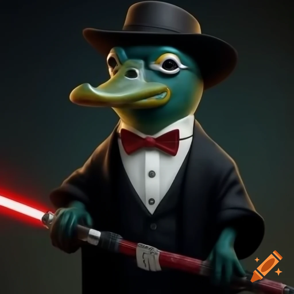 Perry the platypus in tuxedo wielding red lightsaber
