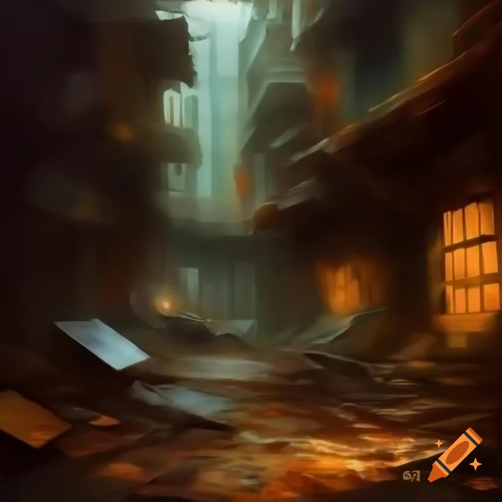 Digital painting of charming abandoned city in autumn with ambient lighting