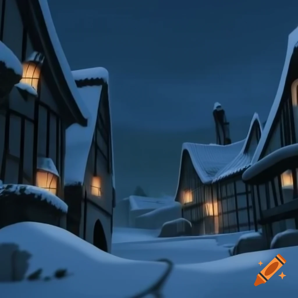 Medieval village covered in snow at night