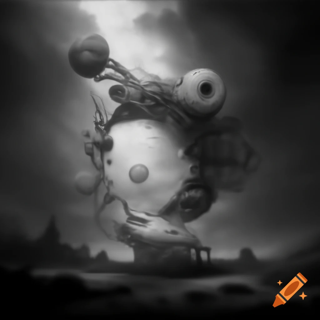 Monochrome surrealist artwork featuring abstract elements