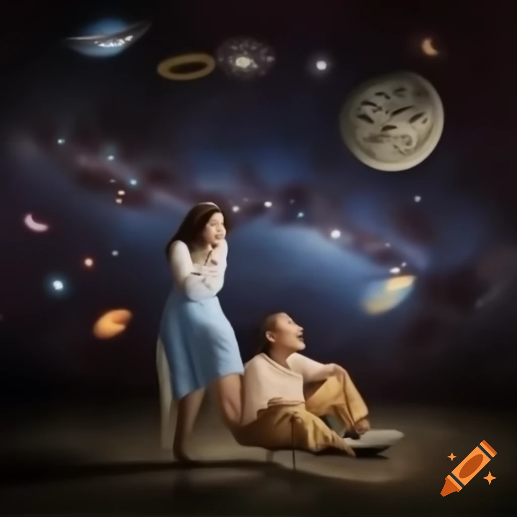 Surreal cosmic dream war scene with hovering images and characters