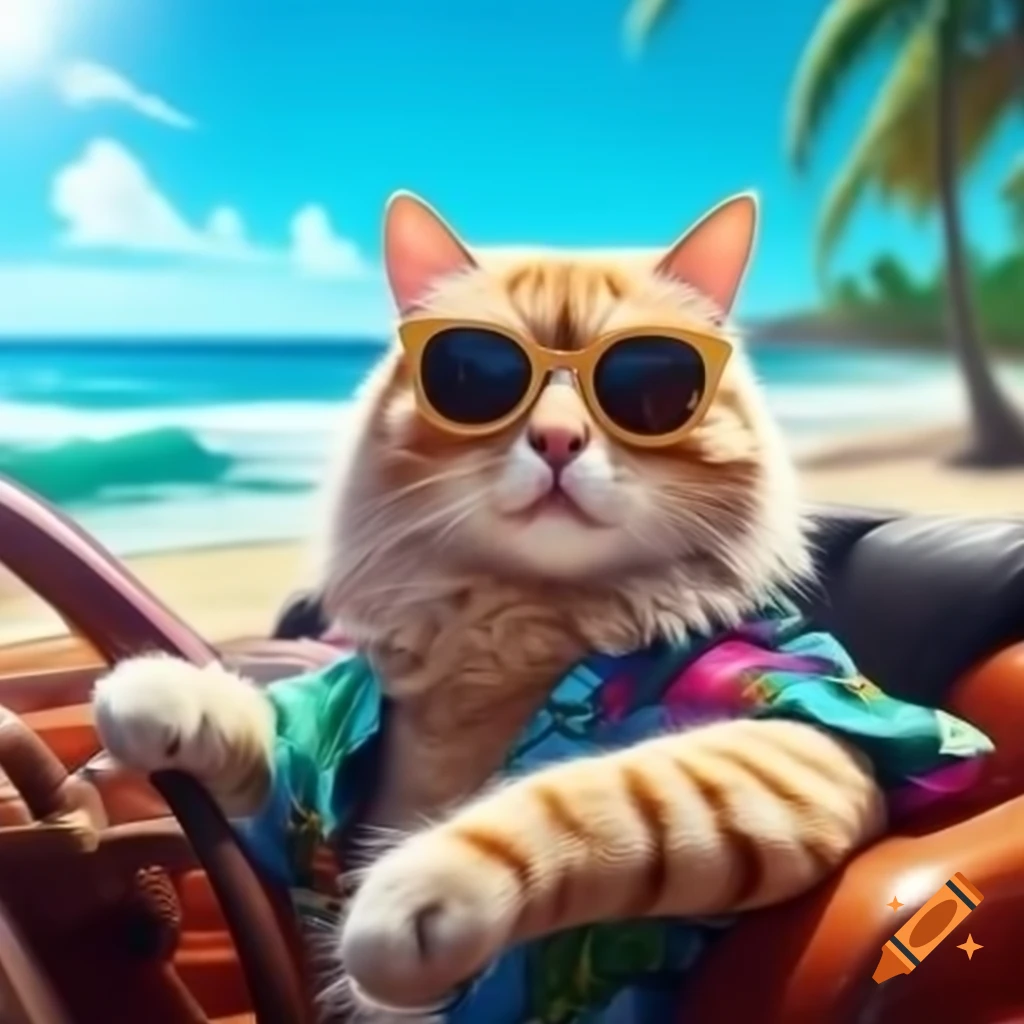 Cool cat in sunglasses lounging in convertible on sunny beach