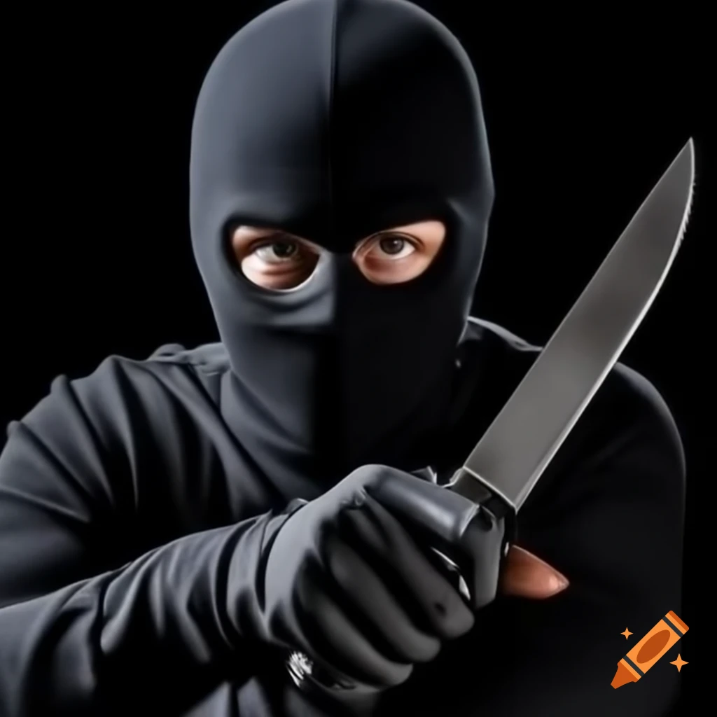 Serious thief in black attire and balaclava holding knife in dark setting
