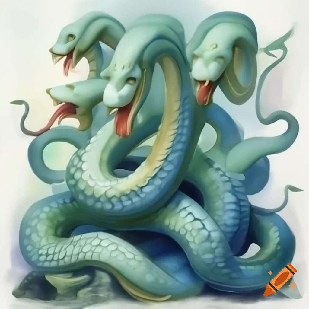 Hyperrealistic depiction of the Lernaean Hydra with multiple heads inspired by Greek mythology