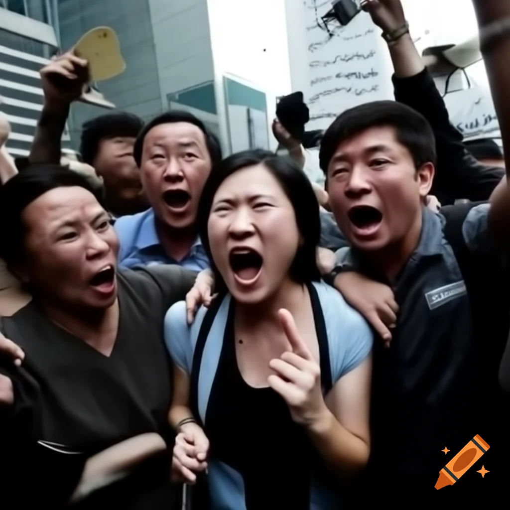 Protest scene with shouting woman and crowd outside office building in Hong Kong