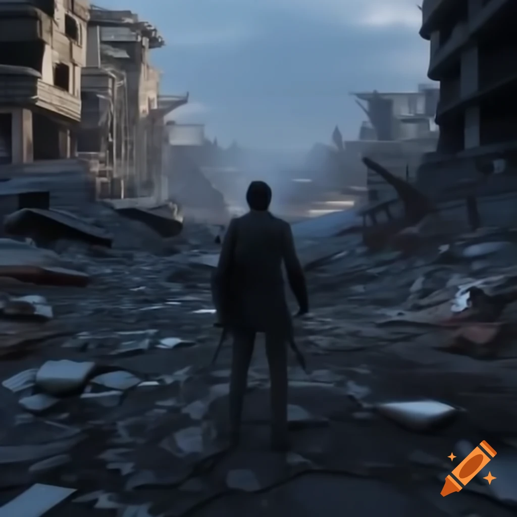 Character standing in a post-apocalyptic environment