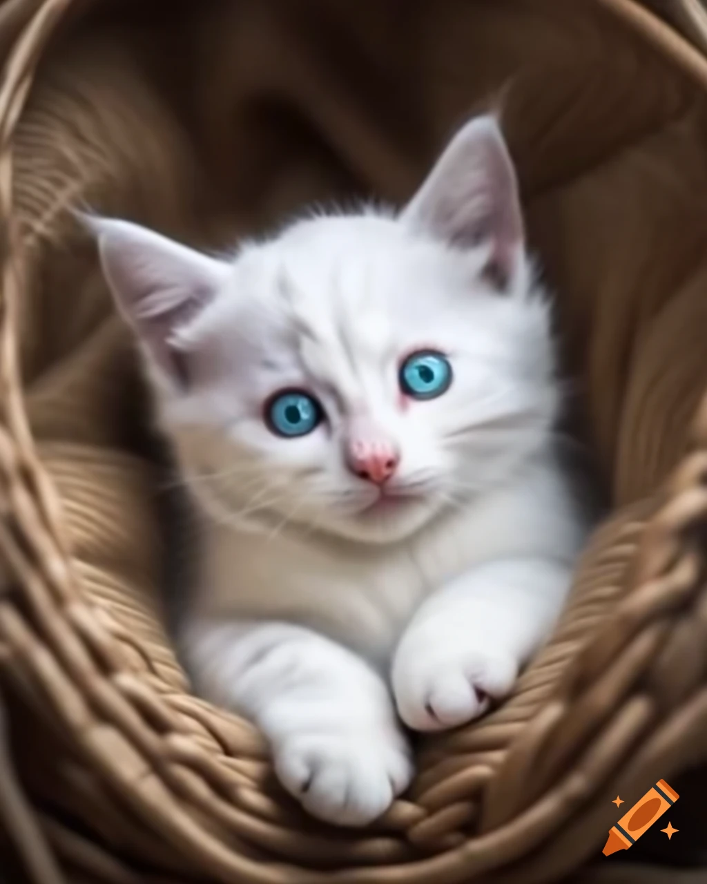 Cute white kitten with turquoise eyes hiding between pillows