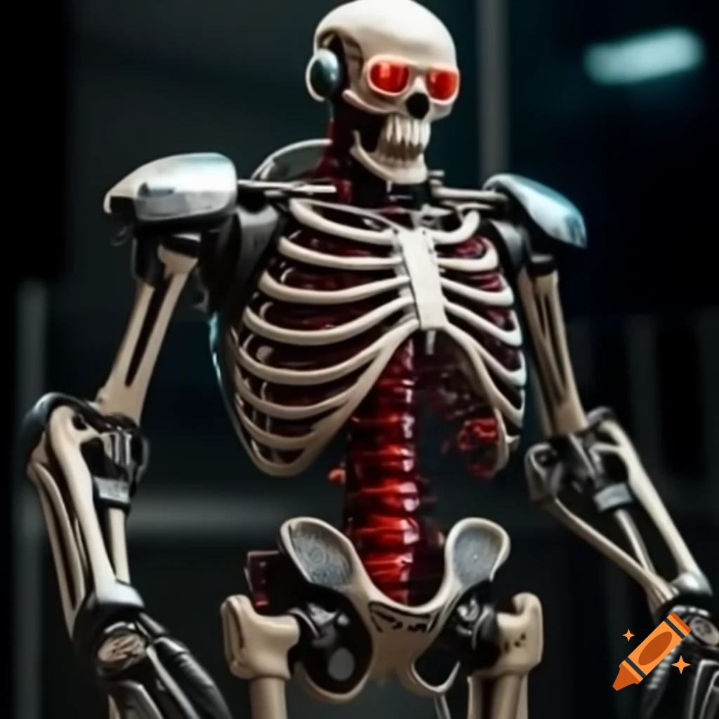 Skeletal robot design with tungsten bones and glowing red eyes