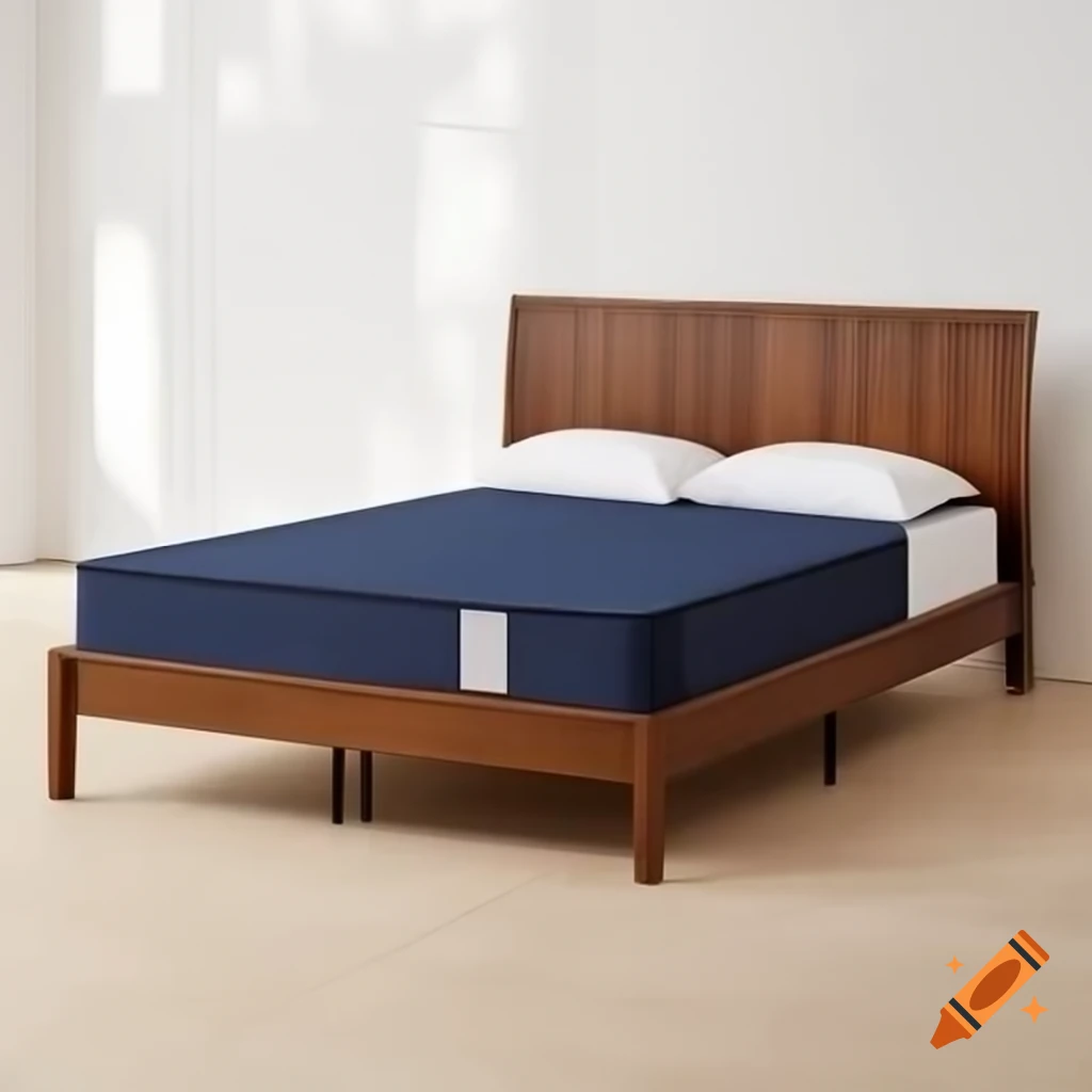 Walnut bed featuring a midnight blue mattress