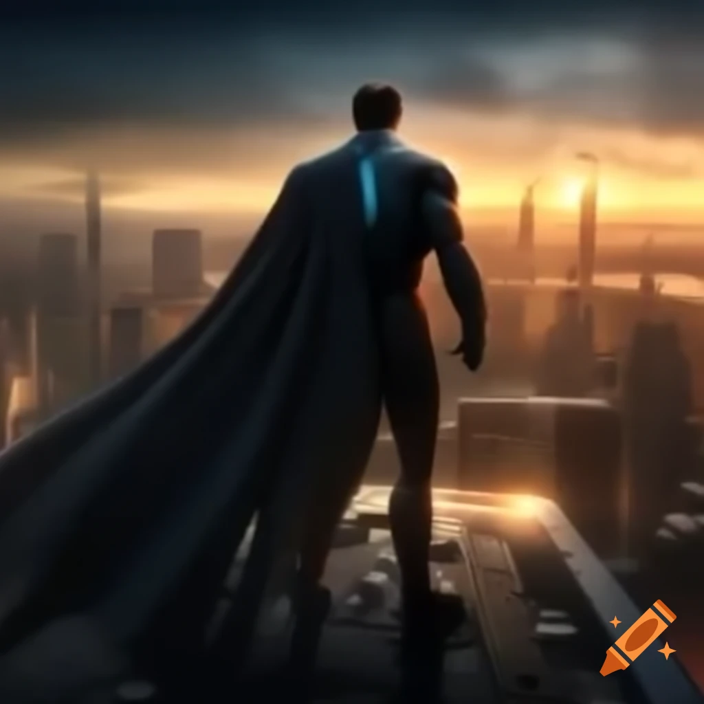 Superhero Guardian on skyscraper edge overlooking futuristic city at sunset