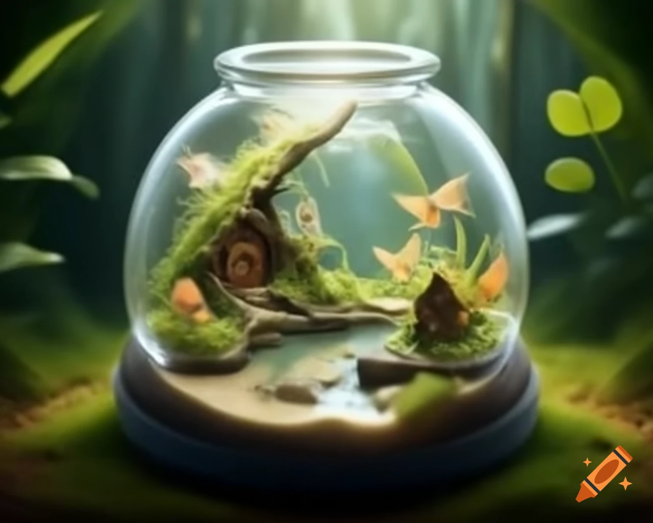 Diorama terrarium featuring fairy house and lake puddle