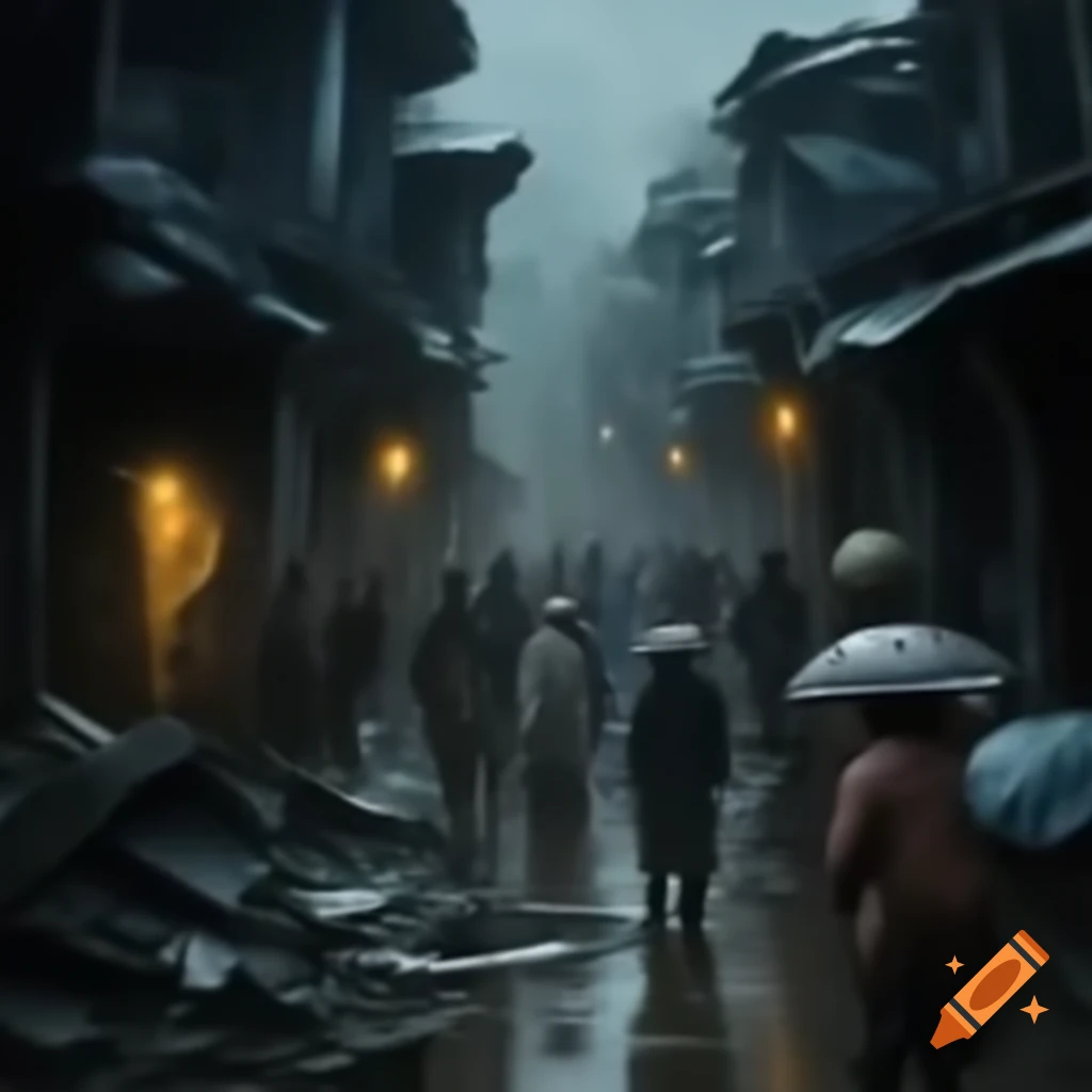 Crowded medieval slums at night with rain, beggars, and tarps