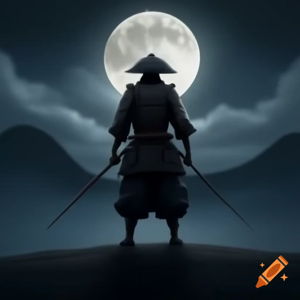 Samurai holding katana under moonlight