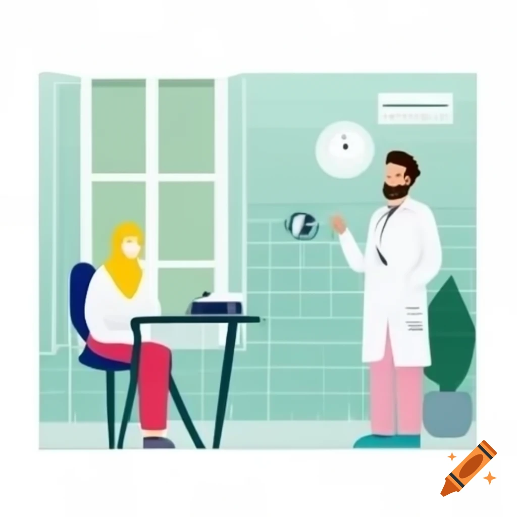 Illustration of doctor consulting with patient in modern medical office