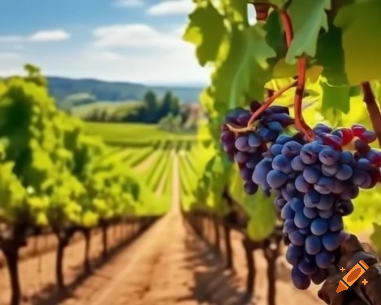 Beautiful vineyard with ripe grapes in foreground