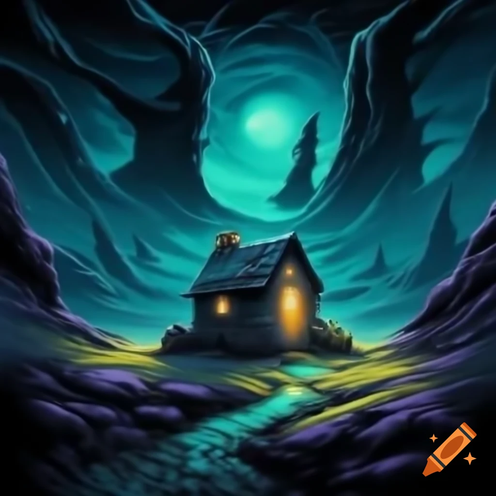 Dark cottage in alien landscape with cyan and lime highlights