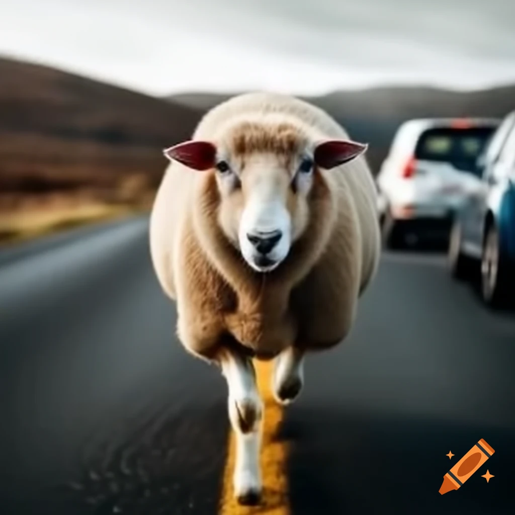 Close-up of sheep running down road surrounded by cars