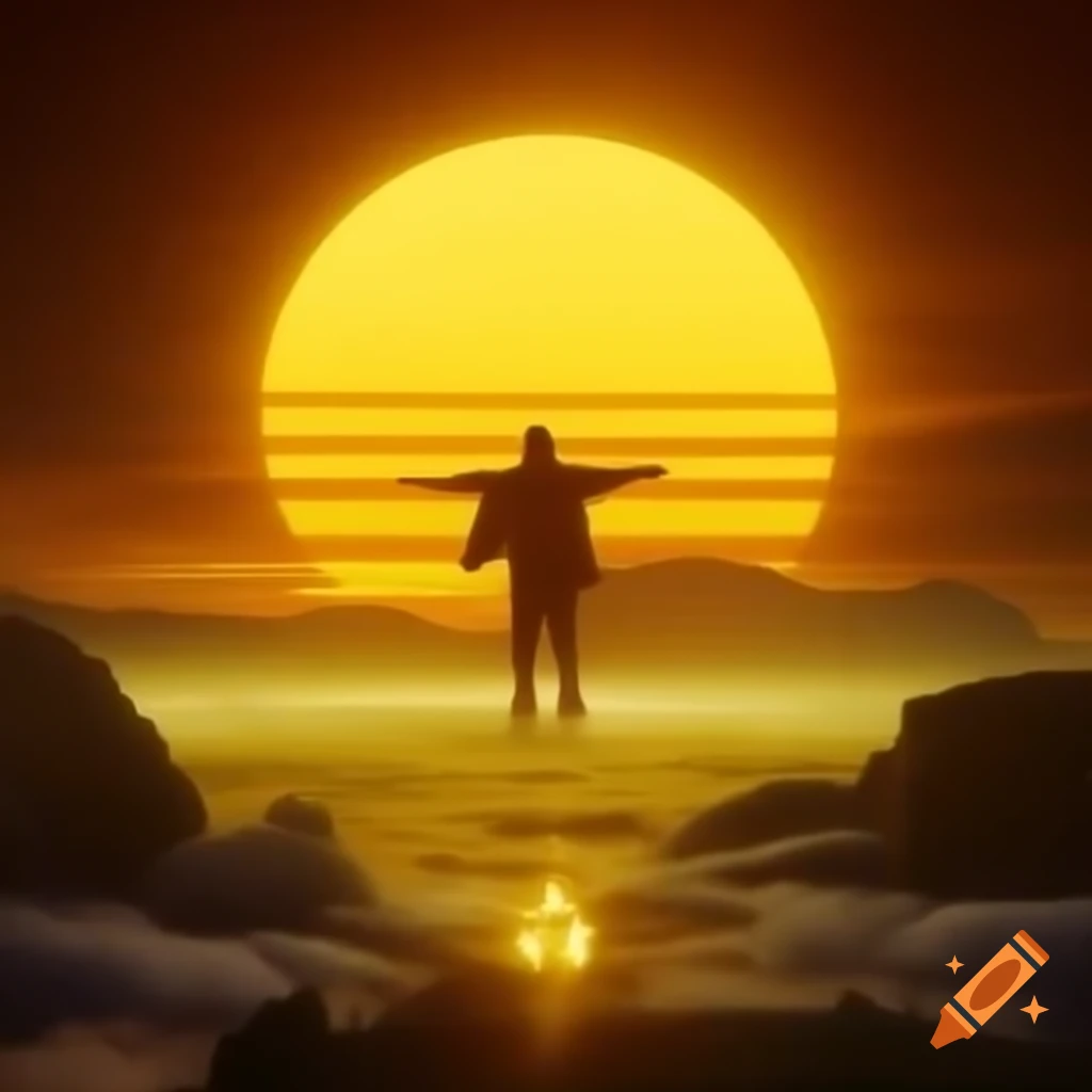 Bold yellow star resembling sun in sky, Kanye West graduation style hip hop cover with bear wearing shades and wings