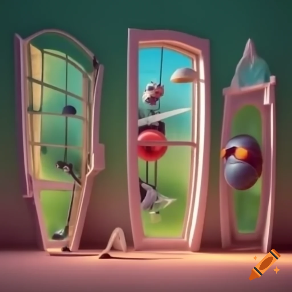 Surrealist composition featuring various objects and windows