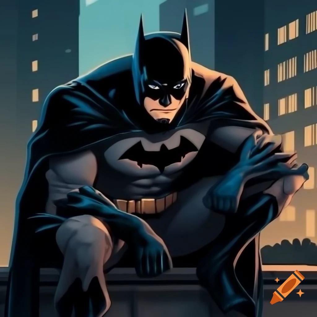 Batman in batsuit sitting on tall building petting black cat, digital art